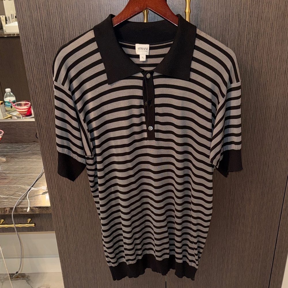 Armani Collezioni Men's Black and Gray Striped Polo NEW